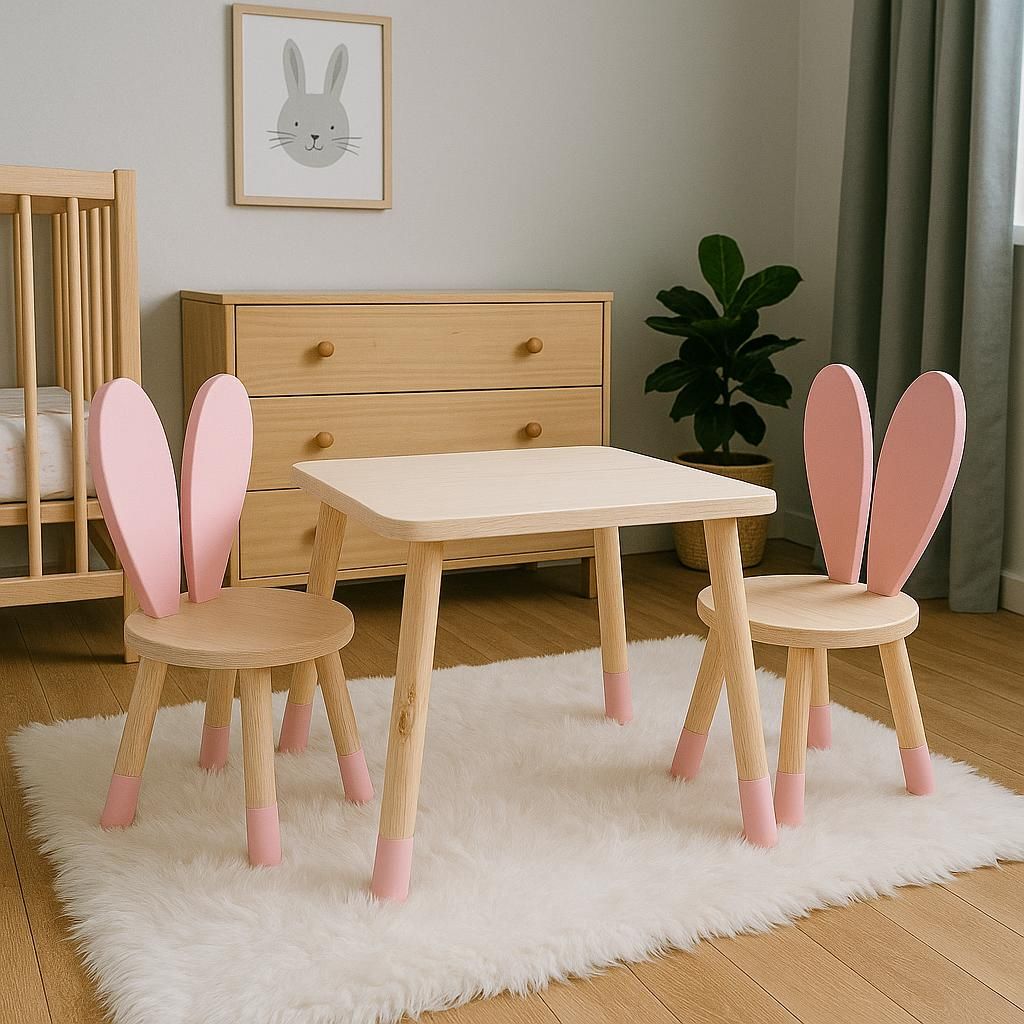 Mdf Tavşan Masa Sandalye Takımı 🐇 | Montessori Tarzı | Soft Pembe& Ahşap Renk