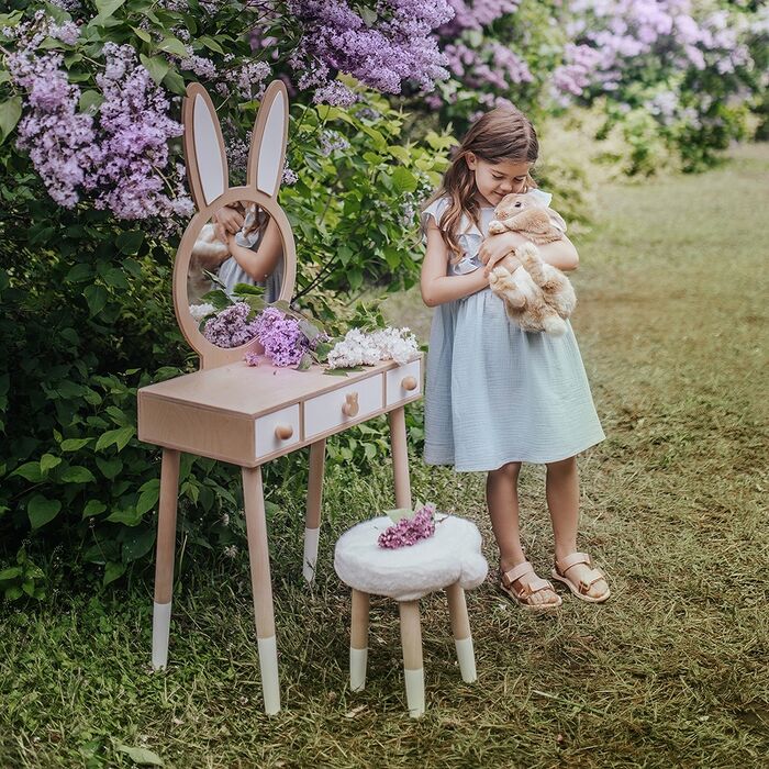 Tavşan Temalı Çocuk Makyaj Masası & Puf Seti – 120x75 cm | Gümüş Pleksi Ayna