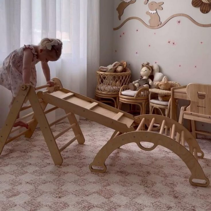 Montessori Tırmanma Seti 3’lü | Ahşap Kaydırak, Salıncak ve Minderli Oyun Üçgeni | Gelişim ve Eğlence Bir Arada