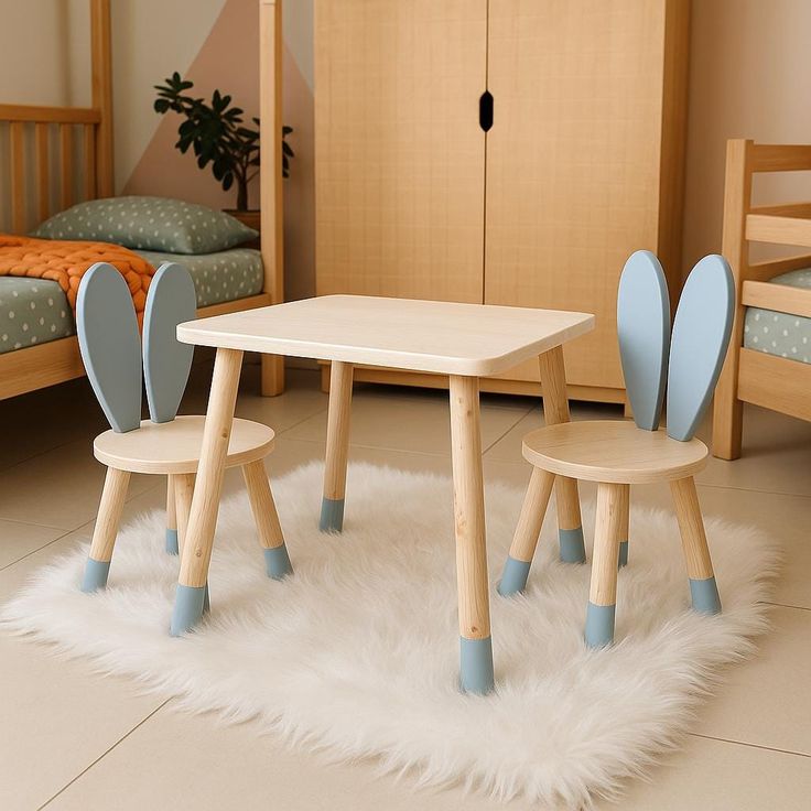 Mdf Tavşan Masa Sandalye Takımı 🐇 | Montessori Tarzı | Soft Mavi & Ahşap Renk