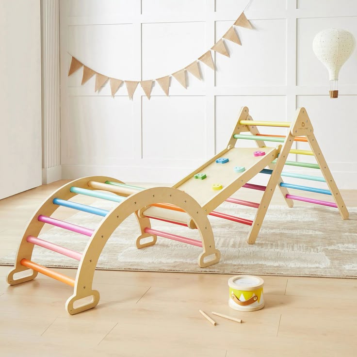 Montessori Tırmanma Seti 3’lü | Ahşap Kaydırak, Salıncak ve Minderli Oyun Üçgeni | Gelişim ve Eğlence Bir Arada